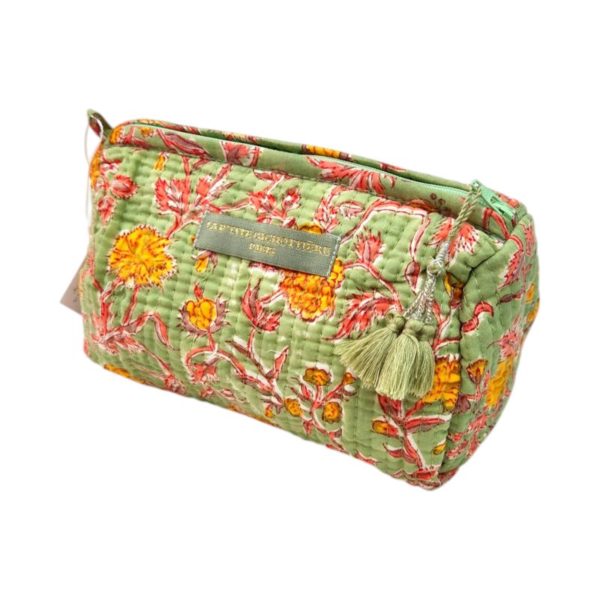 trousse de toilette en tissu a motifs floraux verts, jaunes et roses LA P'TITE CACHOTIERE
