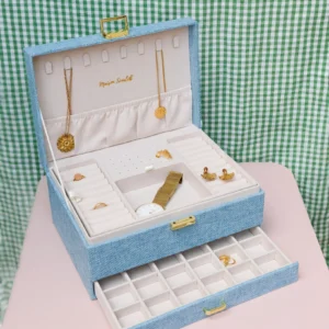 Boîte à bijoux de voyage Denise Velours lin bleu ciel MAISON SCARLETT